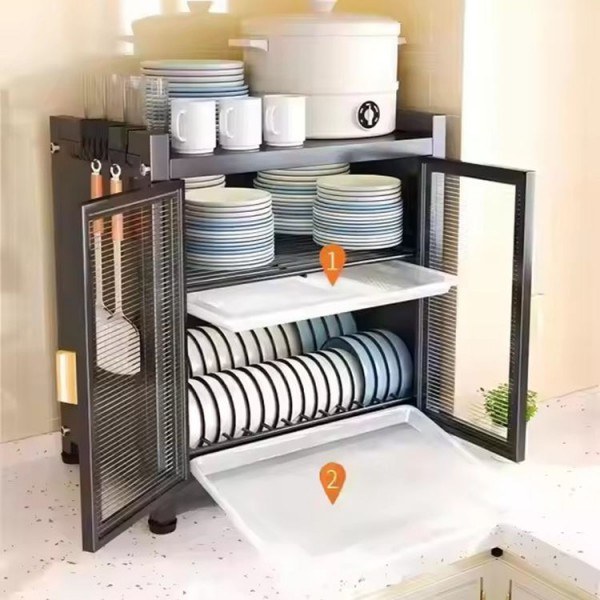 Large Capacity Kitchen Storage Cabinet Multi-layer Bowls Dishes Storage Shelf Dustproof Durable Carbon Steel Cupboard with Doors