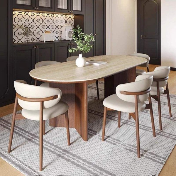 Modern Retro 6-Seater Walnut Kitchen Table Oval Solid Wood Solid Wood Dining Table Set 8 Chairs for Restaurant Home Dinner