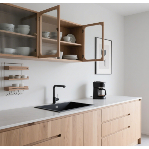 Minimalist Style Scandinavian Light Wood Kitchen Set with Glass-Front Wall Cabinets and Black Built-in Sink