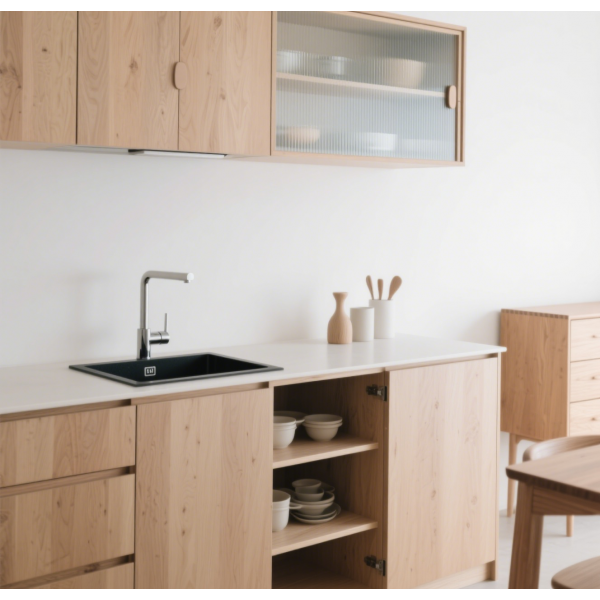 Minimalist Style Scandinavian Light Wood Kitchen Set with Glass-Front Wall Cabinets and Black Built-in Sink