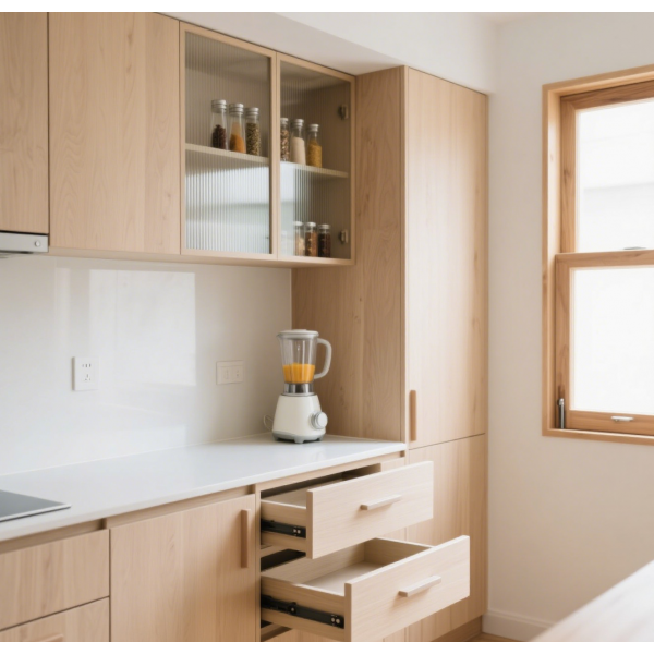 Minimalist Style Scandinavian Light Wood Kitchen Set with Glass-Front Wall Cabinets and Black Built-in Sink