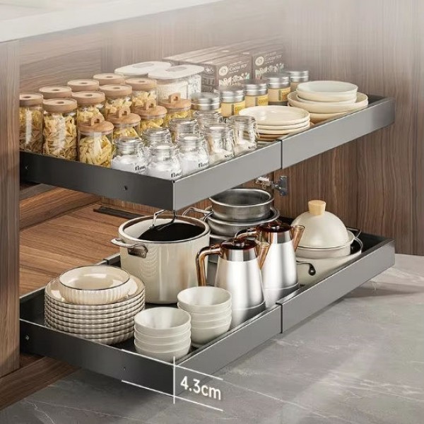 Retractable Pull-Out Basket for Kitchen Cabinets Built-In Storage Rack for Bottle and Storage Box Organizer Accessory