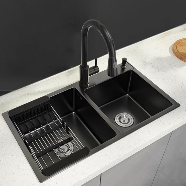 Wholesale Handmade Nano Black Stainless Steel Rectangular Undermount Double Bowl Kitchen Sink