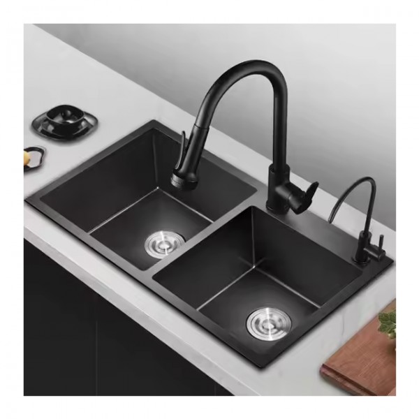 Wholesale Handmade Nano Black Stainless Steel Rectangular Undermount Double Bowl Kitchen Sink