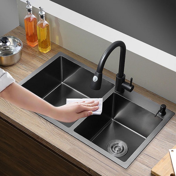 Wholesale Handmade Nano Black Stainless Steel Rectangular Undermount Double Bowl Kitchen Sink