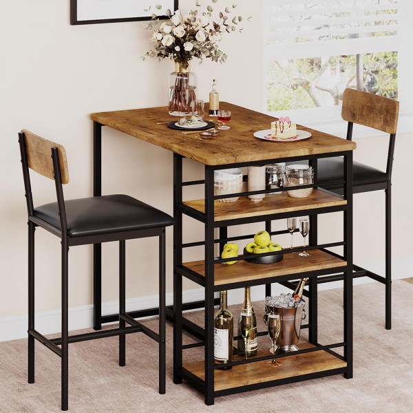 Kitchen Table Set Wood Dining Table and 2 Upholstered Chairs with Storage Shelf for Dining Room