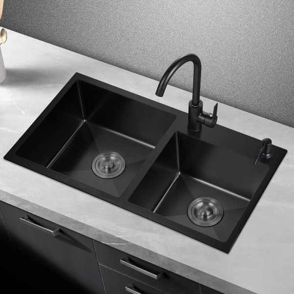 Wholesale Handmade Nano Black Stainless Steel Rectangular Undermount Double Bowl Kitchen Sink