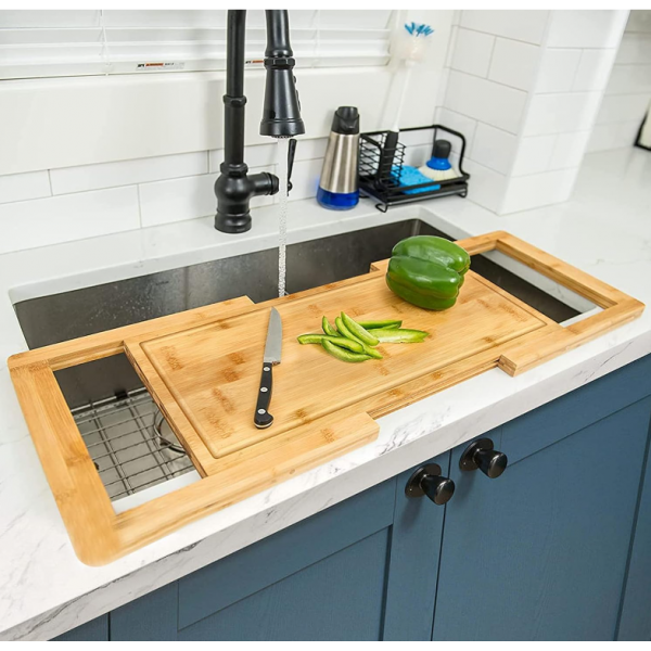 Extra Large Wood Cutting Board Set Kitchen Chopping Board Bamboo Wood Over-the-Sink Expandable Cutting Board