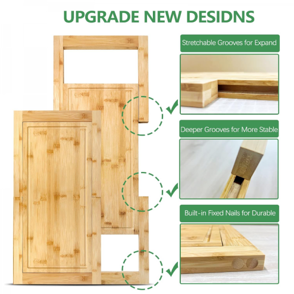 Extra Large Wood Cutting Board Set Kitchen Chopping Board Bamboo Wood Over-the-Sink Expandable Cutting Board