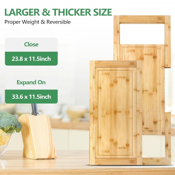 Extra Large Wood Cutting Board Set Kitchen Chopping Board Bamboo Wood Over-the-Sink Expandable Cutting Board
