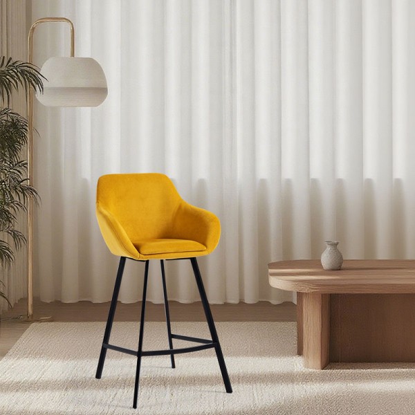 Modern Yellow Velvet Bar Stool with Black Metal Legs for Kitchen and Bars Dining Chair Living Room Leisure Chair