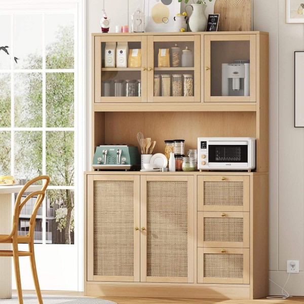 Wooden Storage Cabinet with Microwave Oven Stand Charging Station Countertop Bar Cabinet Drawers with Glass Door