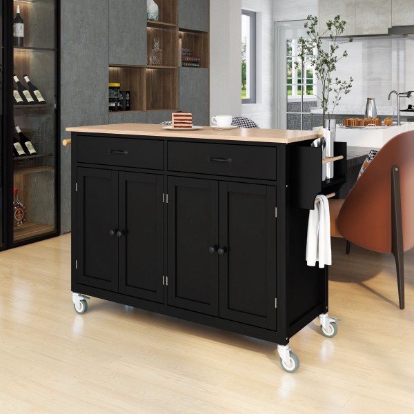 Rolling Mobile Kitchen Island with Storage and Towel Rack, Portable Island Table for Dining with 2 Drawers and 2 Cabinets