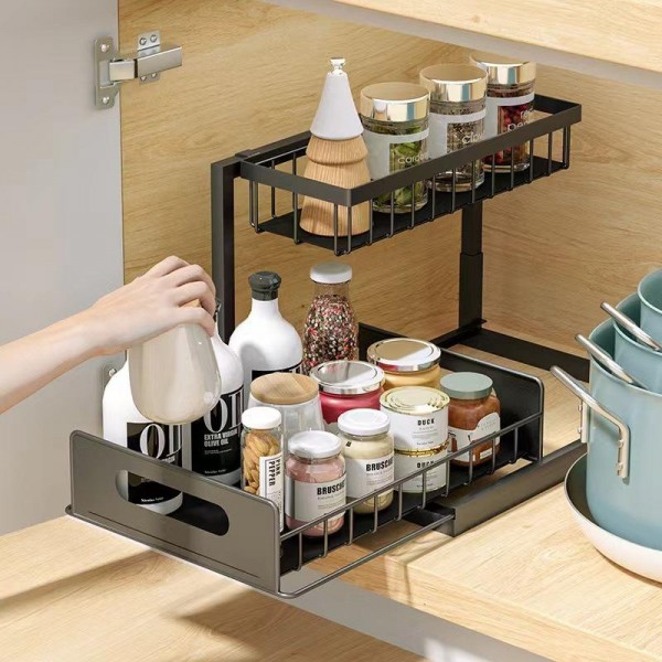 Metal Carbon Steel Kitchen Cabinet Storage Rack Pull-out Rack Drawer Under Sink Organizer with Removable Basket