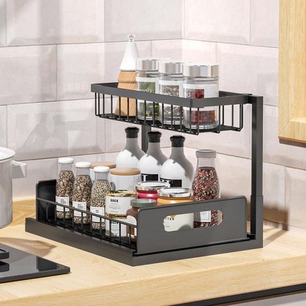 Metal Carbon Steel Kitchen Cabinet Storage Rack Pull-out Rack Drawer Under Sink Organizer with Removable Basket