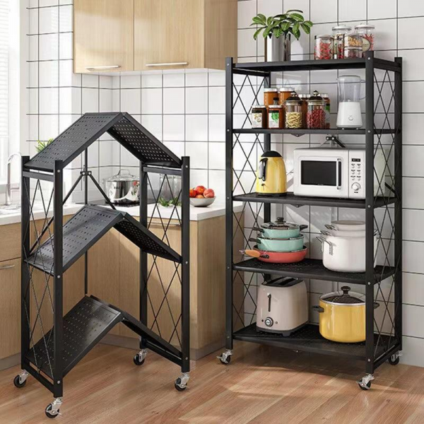 Home Use Metal Folding Storage Rack No-Installation One-Pull Mobile Floor Shelf Multi-Layer Utensil Kitchen Storage Artifact