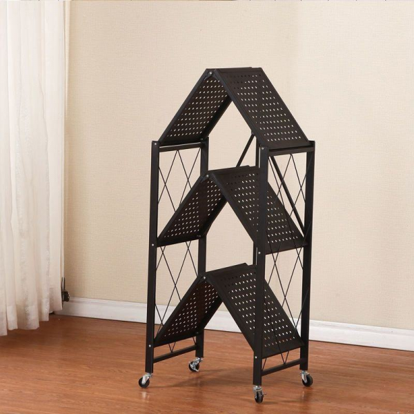 Home Use Metal Folding Storage Rack No-Installation One-Pull Mobile Floor Shelf Multi-Layer Utensil Kitchen Storage Artifact