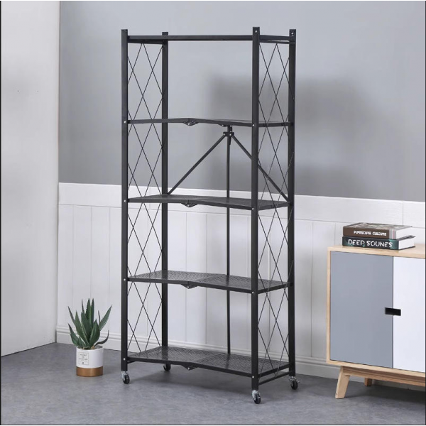 Home Use Metal Folding Storage Rack No-Installation One-Pull Mobile Floor Shelf Multi-Layer Utensil Kitchen Storage Artifact