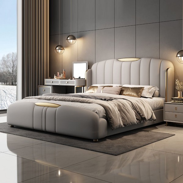 Light Luxury Solid Wood Double Bed Luxury Leather King Bed Cushioned Backrest Bedroom Furniture Set