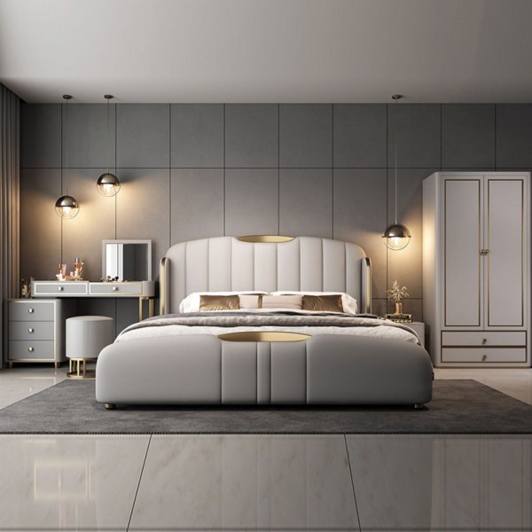Light Luxury Solid Wood Double Bed Luxury Leather King Bed Cushioned Backrest Bedroom Furniture Set