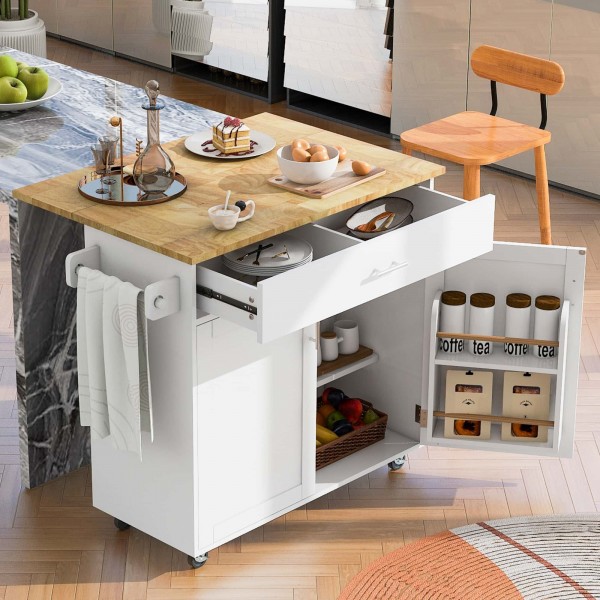Kitchen Island with Drop Leaf, Rolling Kitchen Island Cart with Internal Storage Racks, Wood Kitchen Island on Wheels