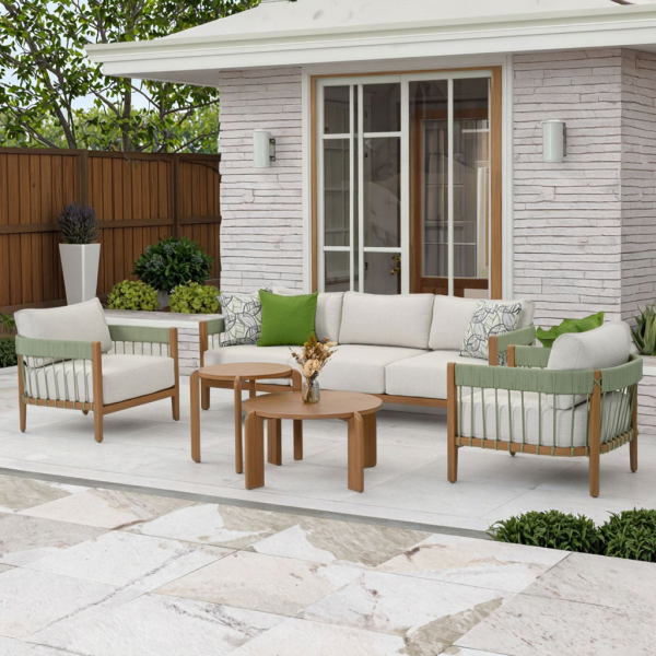 Aluminum Garden Sofa Set with Wood-Grain Transfer & Pastel Green Rope VIP Supplier BSCI & Waterproof Outdoor Furniture