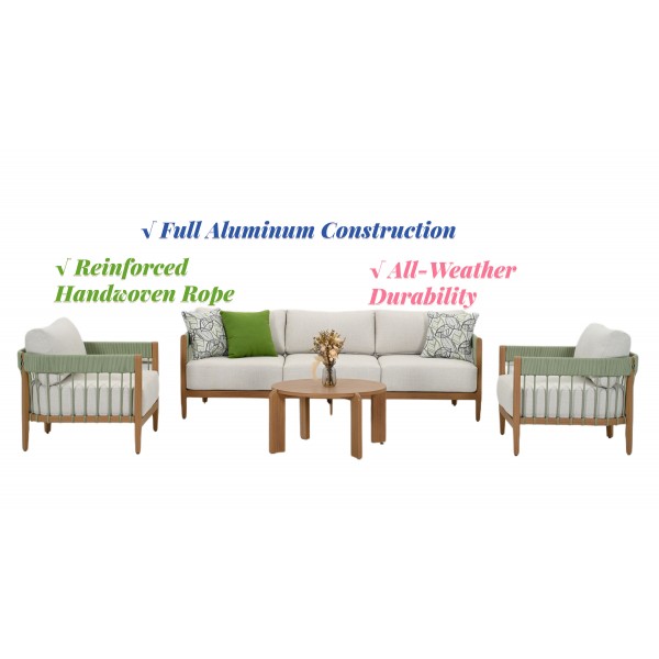 Aluminum Garden Sofa Set with Wood-Grain Transfer & Pastel Green Rope VIP Supplier BSCI & Waterproof Outdoor Furniture