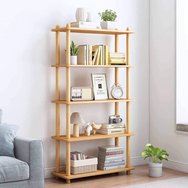 Modern 5-Tier Free Standing Oak Wooden Bookcase Rectangle Open Bookshelf for Dish Plate Storage Display Stand for Living Room