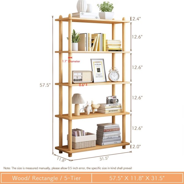 Modern 5-Tier Free Standing Oak Wooden Bookcase Rectangle Open Bookshelf for Dish Plate Storage Display Stand for Living Room