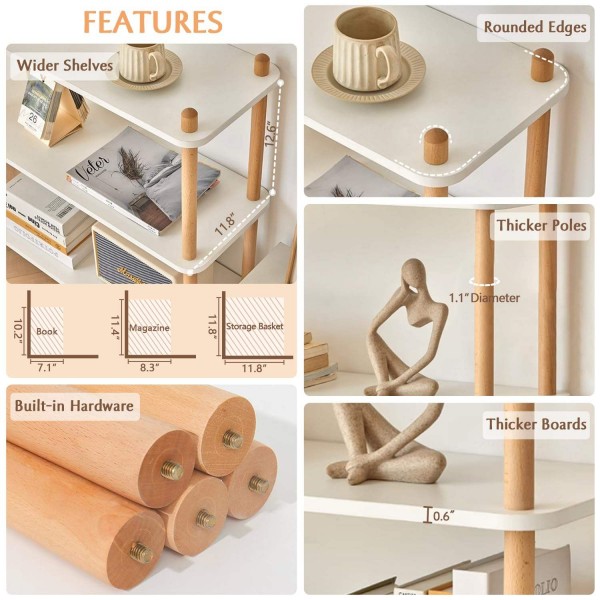 Modern 5-Tier Free Standing Oak Wooden Bookcase Rectangle Open Bookshelf for Dish Plate Storage Display Stand for Living Room