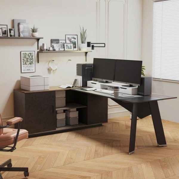 63 Inches Executive Office Furniture Desk Shape Manager Table Modern Office Desk Furniture with Storage Shelves and Doors