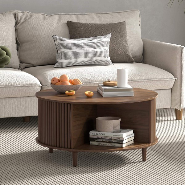 Walnut Wood Round Coffee Table with Storage,Fluted Center Table with Sliding Cabinet Door for Livingroom,Home Small Space