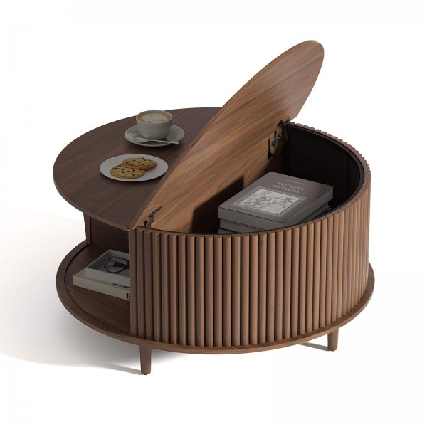 Walnut Wood Round Coffee Table with Storage,Fluted Center Table with Sliding Cabinet Door for Livingroom,Home Small Space