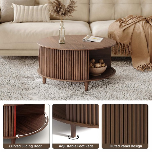 Walnut Wood Round Coffee Table with Storage,Fluted Center Table with Sliding Cabinet Door for Livingroom,Home Small Space