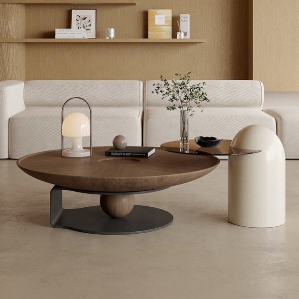 Nordic Style New Luxury Round Coffee Table Set Living Room Furniture with Wooden Base and Glass Top