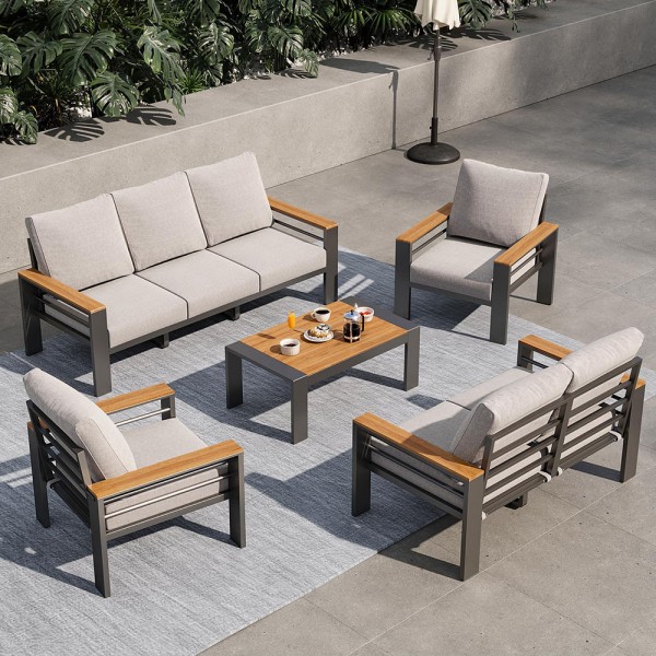 5 Piece Grey Aluminum Luxury Outdoor Courtyard Garden Furniture Set Garden Leisure Combination Sofa Coffee Table Set
