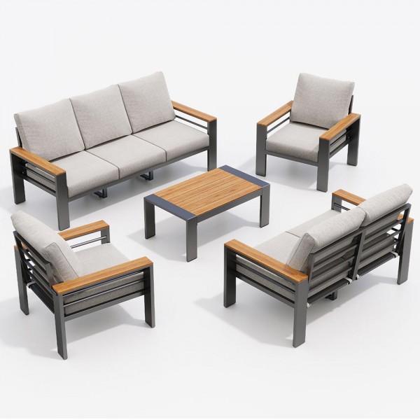 5 Piece Grey Aluminum Luxury Outdoor Courtyard Garden Furniture Set Garden Leisure Combination Sofa Coffee Table Set