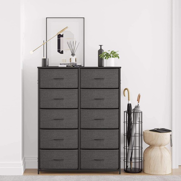 Dark Grey Fabric 10 Drawer Storage Tower Wardrobe Dresser Chest Bedroom Furniture