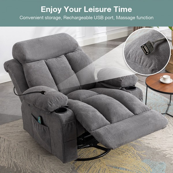 Gray Color Fabric Rocking Rotating Recliner Chair With Massage and Heated