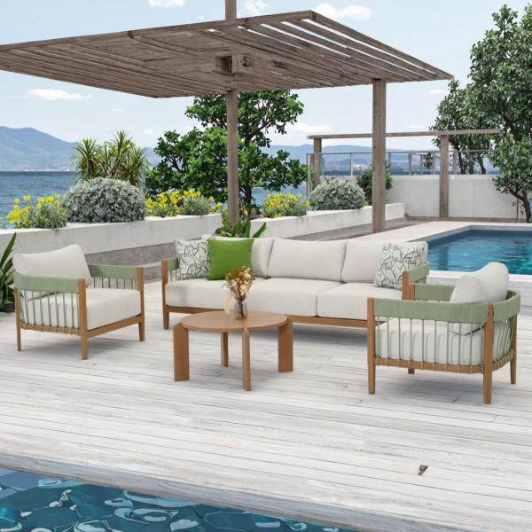 Aluminum Garden Sofa Set with Wood-Grain Transfer & Pastel Green Rope VIP Supplier BSCI & Waterproof Outdoor Furniture