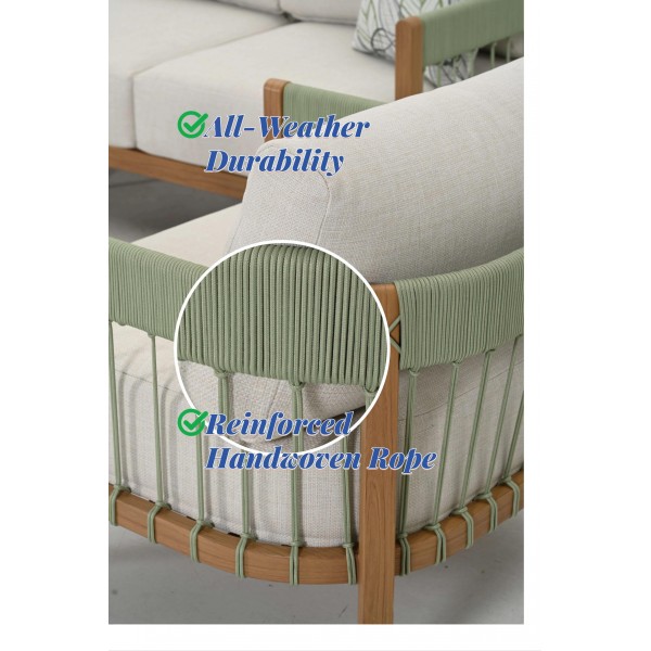 Aluminum Garden Sofa Set with Wood-Grain Transfer & Pastel Green Rope VIP Supplier BSCI & Waterproof Outdoor Furniture
