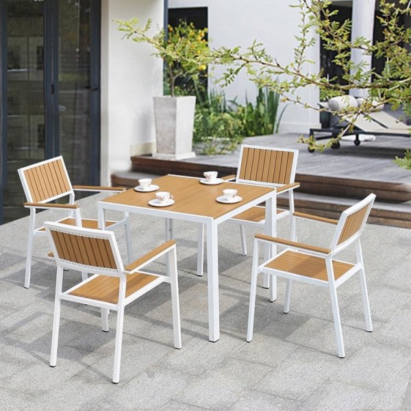 Modern Garden 5 Piece Storage Dining Set Furniture Outdoor Patio Aluminum Plastic Wood Table and 4 Seater Chairs