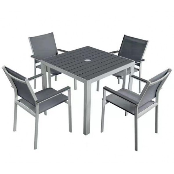 Modern Garden 5 Piece Storage Dining Set Furniture Outdoor Patio Aluminum Plastic Wood Table and 4 Seater Chairs