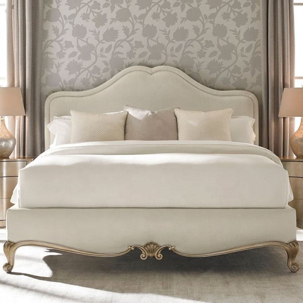 French Palace Style Solid Wood Bed Frame with Elegant Gold Foil Soft Upholstery Luxury Furniture