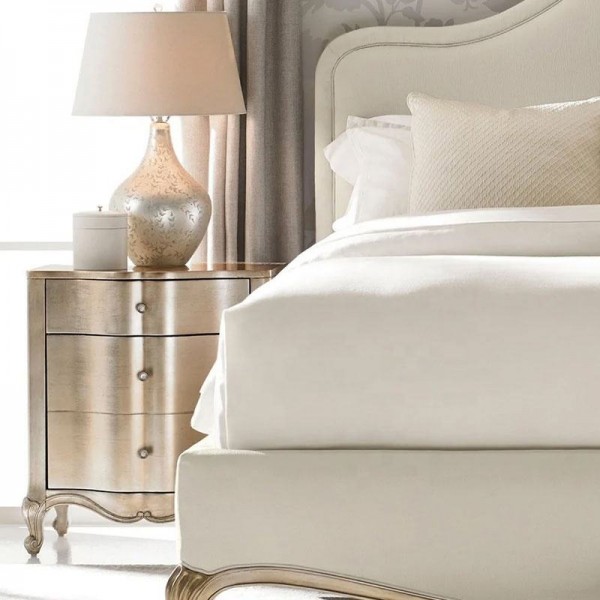 French Palace Style Solid Wood Bed Frame with Elegant Gold Foil Soft Upholstery Luxury Furniture