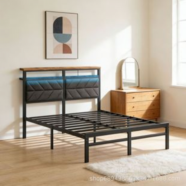 Cross border bedroom, study room, double person, simple with headboard, plug-in iron bed, dormitory, employee rental, 2-meter steel and wooden bed