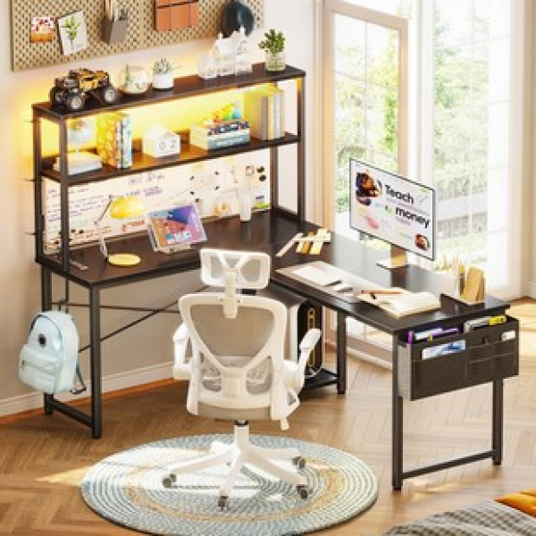 Corner gaming table with LED lights and power socket rack, 53 inch reversible L-shaped computer gaming table