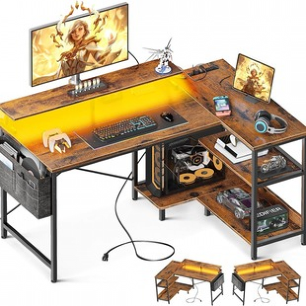 Equipped with USB socket and LED light strip with monitor stand, corner desk for home office, foldable L-shaped computer desk