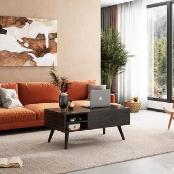 Cross border manufacturer direct sales American style elegant lifting coffee table with hidden compartments, adjustable storage partitions, multi-purpose