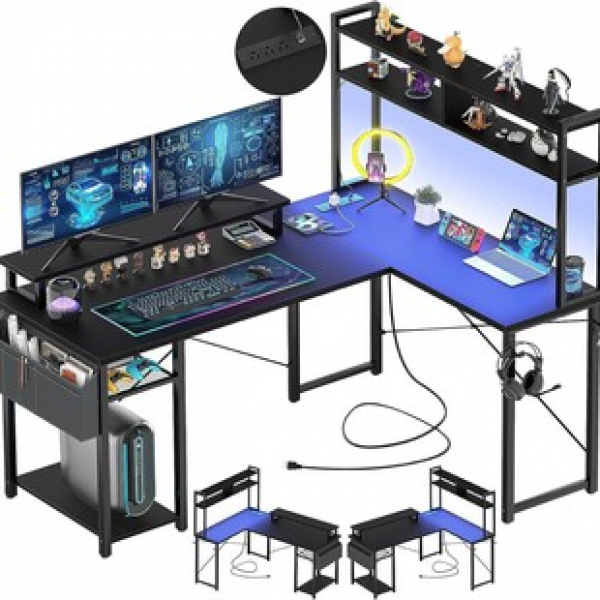 L-shaped gaming table with storage bag, LED light and power socket, reversible factory direct sales corner desk, office desk